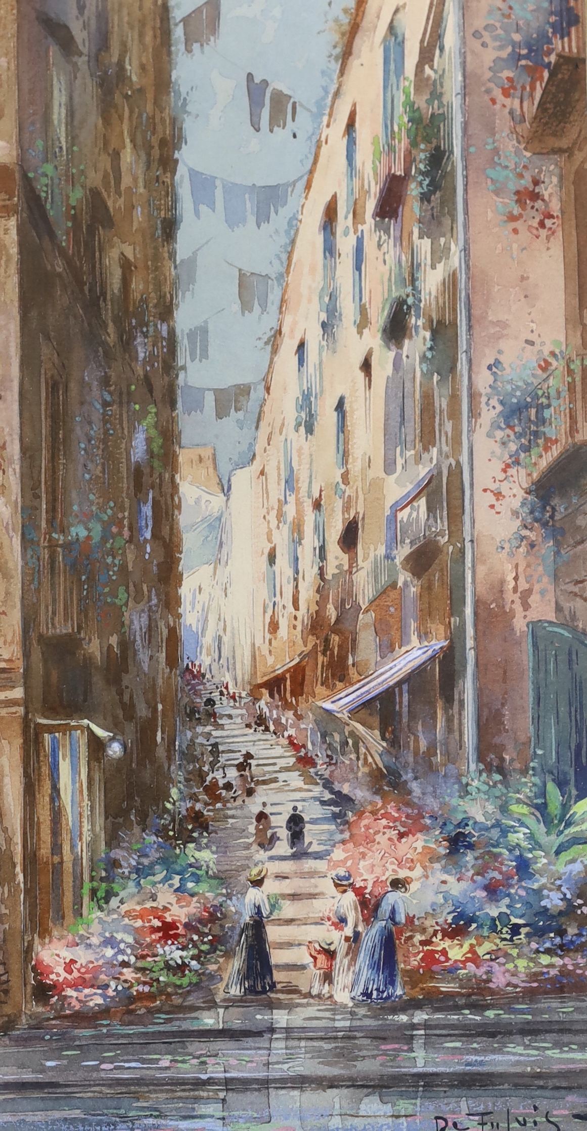 De Fulvis (Italian, 19th/20th. C), watercolour, Neapolitan street scene, signed, 28 x 15cm