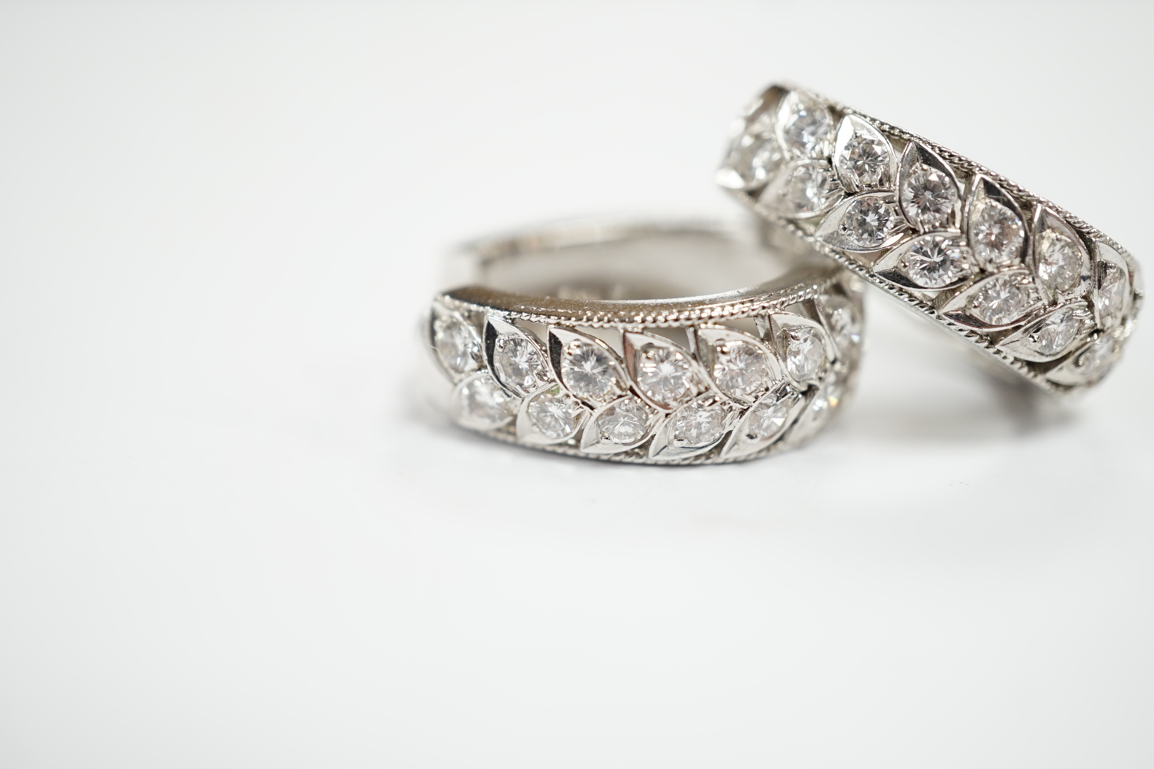 A modern pair of white metal and diamond cluster set half hoop earrings, 20mm, gross weight 8.9 - Image 3 of 6