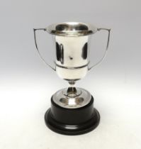 A George V unengraved silver two handled trophy cup, W H Haseler Ltd, Birmingham, 1929, height 17.