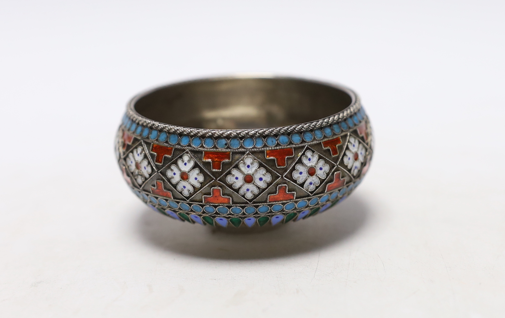 A late 19th century Russian 84 zolotnik and cloisonné enamel salt, assay master Lev Oleks, master