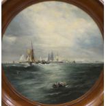 19th century English School, tondo oil on board, Coastal scene with fishing boats, unsigned, 43 x
