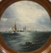 19th century English School, tondo oil on board, Coastal scene with fishing boats, unsigned, 43 x