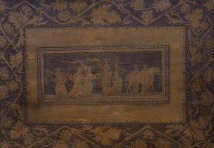 A 19th century Pyrography panel, depicting a classical procession of figures and floral border, 34 x