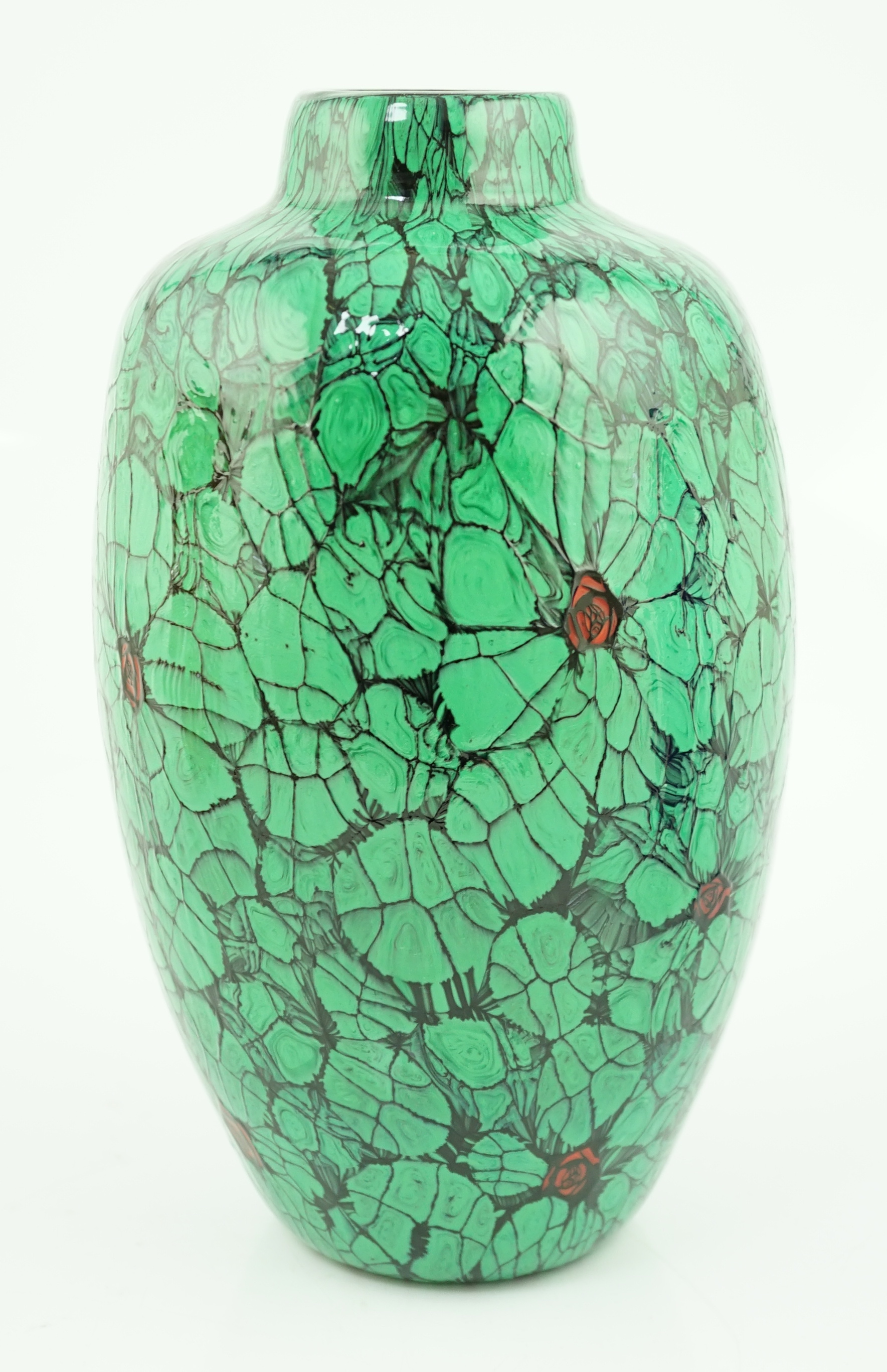 ** ** Vittorio Ferro (1932-2012) A Murano glass Murrine vase, with green leaves and red flower buds, - Image 2 of 4