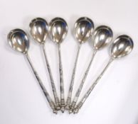 A set of six late 19th century Russian 84 zolotnik and niello teaspoons, the bowl backs decorated