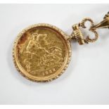 A 1982 gold half sovereign, in yellow metal pendant mount, on a 9ct gold chain, gross 16.4 grams.