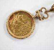 A 1982 gold half sovereign, in yellow metal pendant mount, on a 9ct gold chain, gross 16.4 grams.