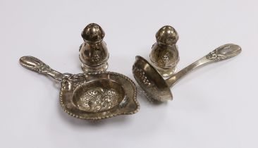 A Danish 830 white metal sifter spoon and tea strainer, by Evald Nielsen and a pair of 1930's Danish