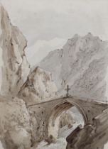 Henry William Burgess (1792-1839), ink and wash, Alpine bridge, unsigned, 30 x 22cm