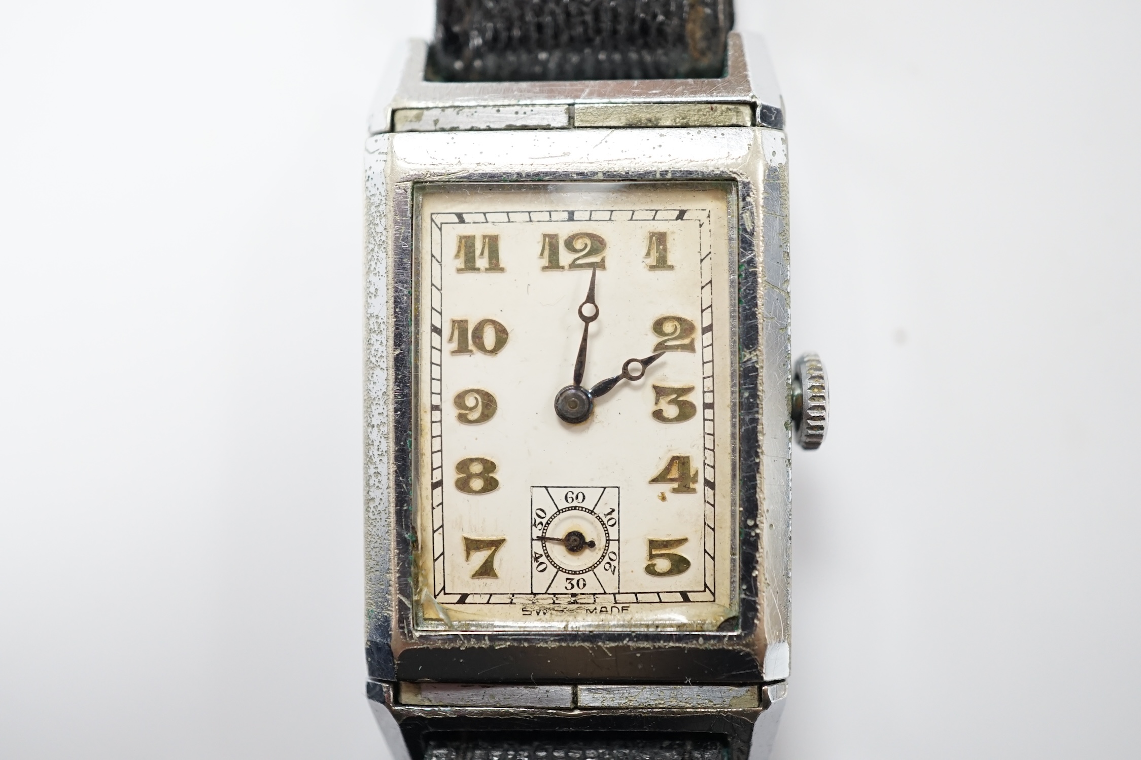 A gentleman's mid 20th century steel 'reverso' manual wind rectangular dial wrist watch, with Arabic - Image 3 of 4
