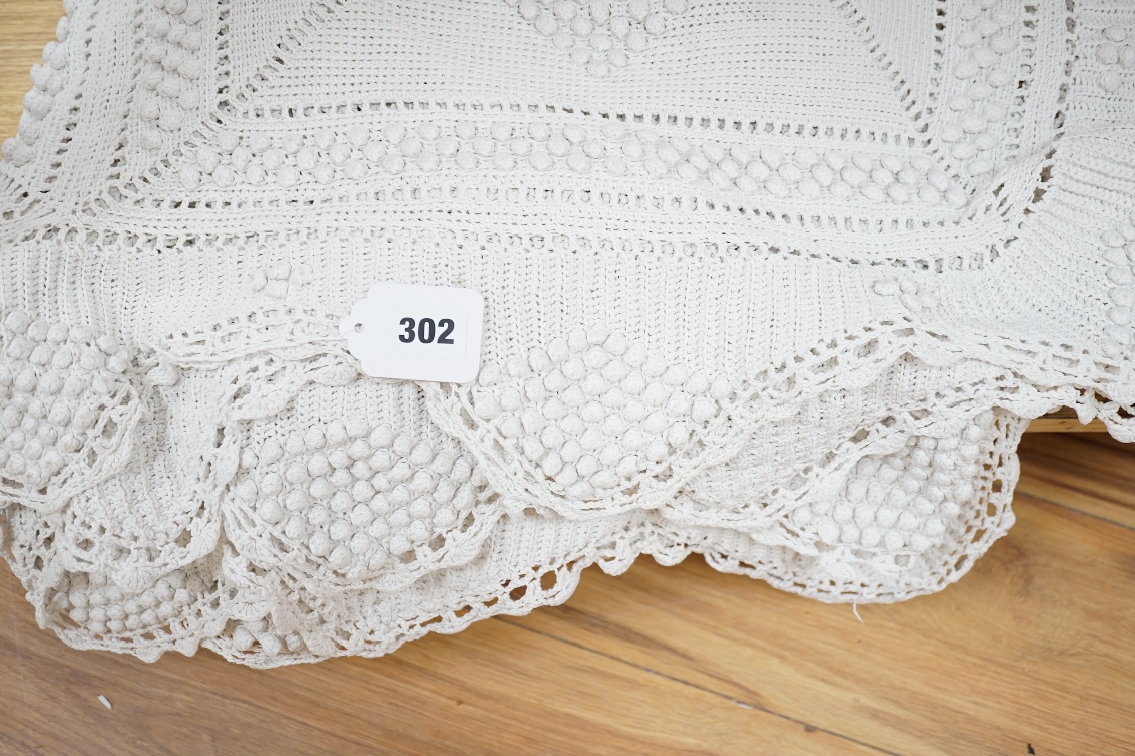An early 20th century French knitted and crocheted bedcover with bobble motifs, 220cm x 200cm - Image 3 of 4