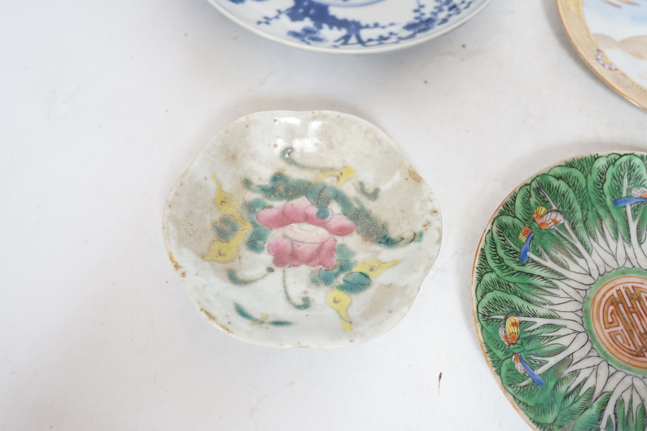 Four Chinese or Japanese porcelain saucers, largest 16.5 cm diameter - Image 5 of 9