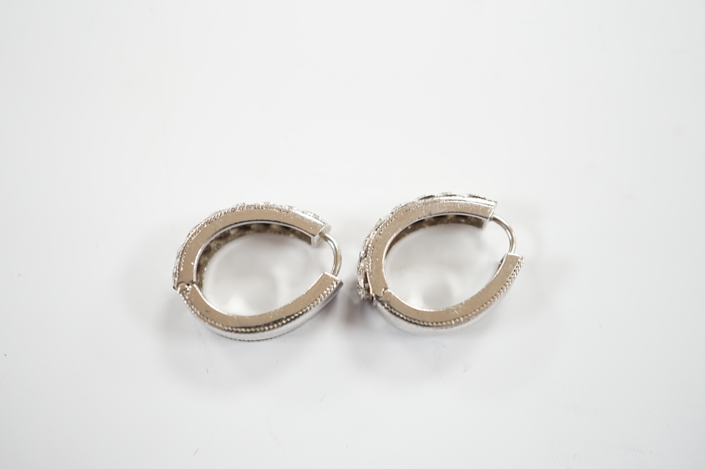 A modern pair of white metal and diamond cluster set half hoop earrings, 20mm, gross weight 8.9 - Image 6 of 6