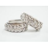 A modern pair of white metal and diamond cluster set half hoop earrings, 20mm, gross weight 8.9