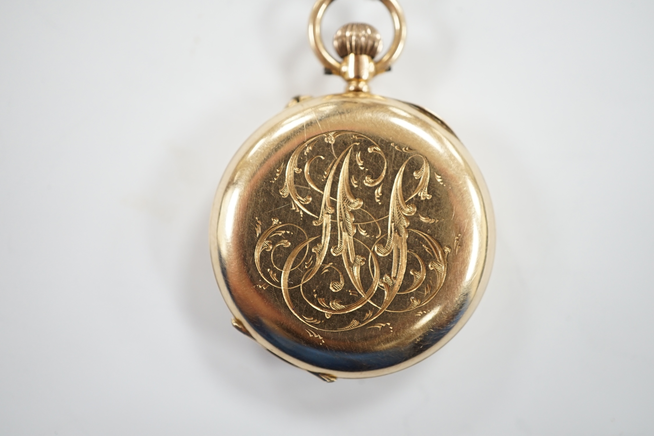 A 14k open face keyless fob watch, with Roman dial, case diameter 32mm, with case back monogram, - Bild 3 aus 3