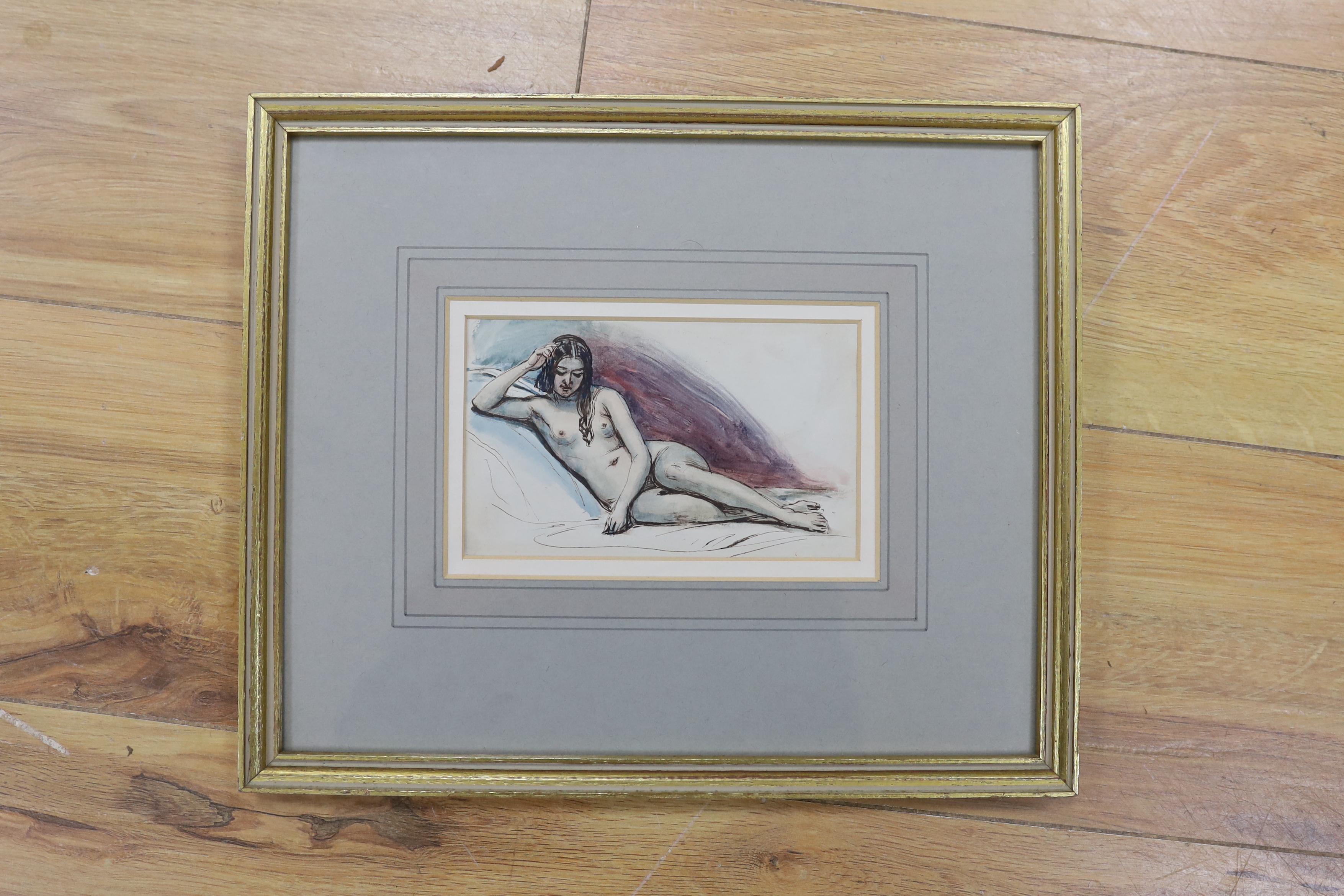 William Edward Frost (1810-1877), ink and watercolour, Study of a reclining nude female, unsigned, - Image 2 of 3