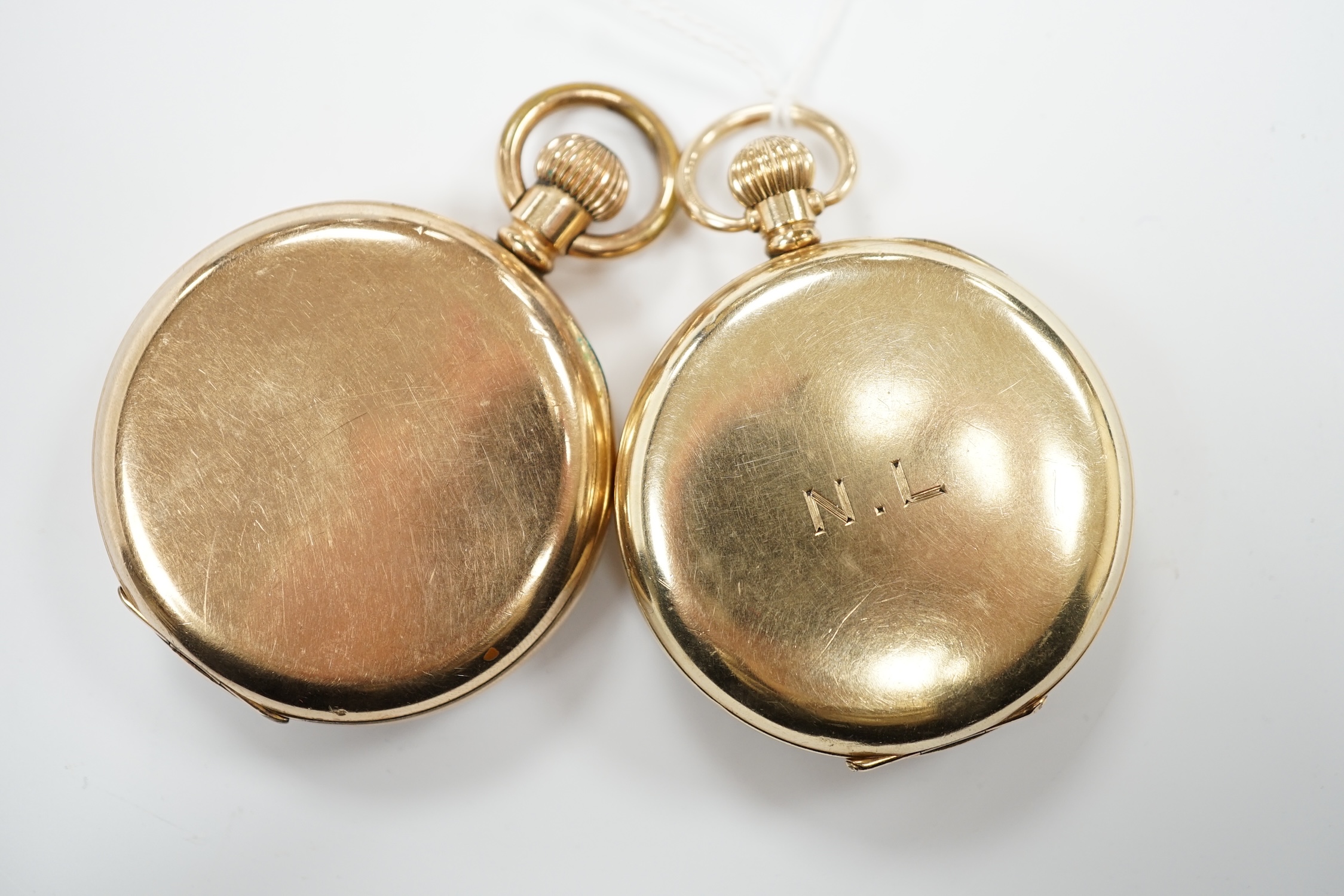 A gold plated Omega open faced pocket watch, with Roman dial and subsidiary seconds and a gold - Bild 4 aus 4
