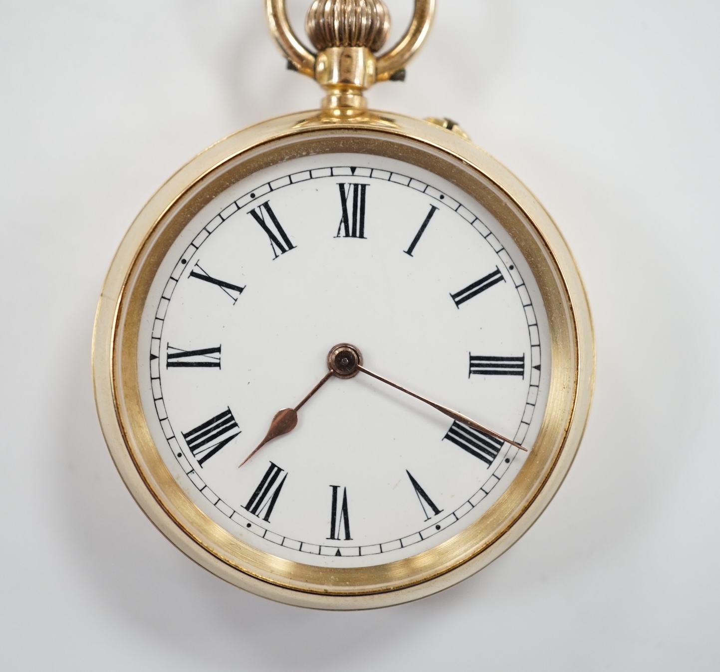 A 14k open face keyless fob watch, with Roman dial, case diameter 32mm, with case back monogram,