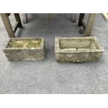 Two rectangular reconstituted stone trough garden planters, larger width 53cm, height 19cm