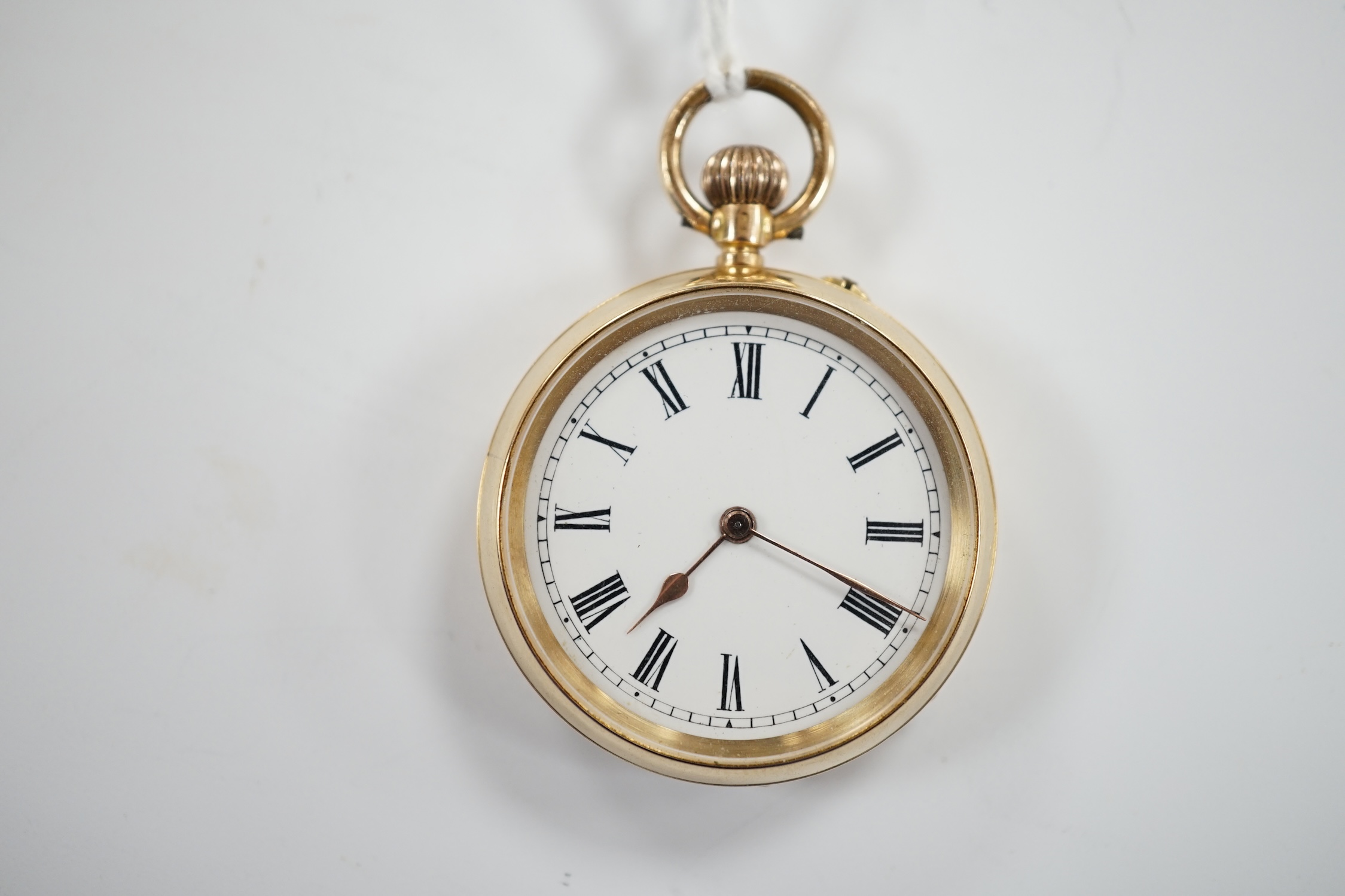 A 14k open face keyless fob watch, with Roman dial, case diameter 32mm, with case back monogram, - Bild 2 aus 3