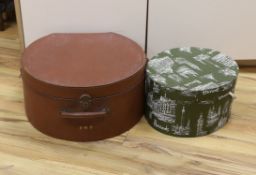 A circular Harrods branded hat box and a larger gents brown leather hat box, Harrods box 36cm