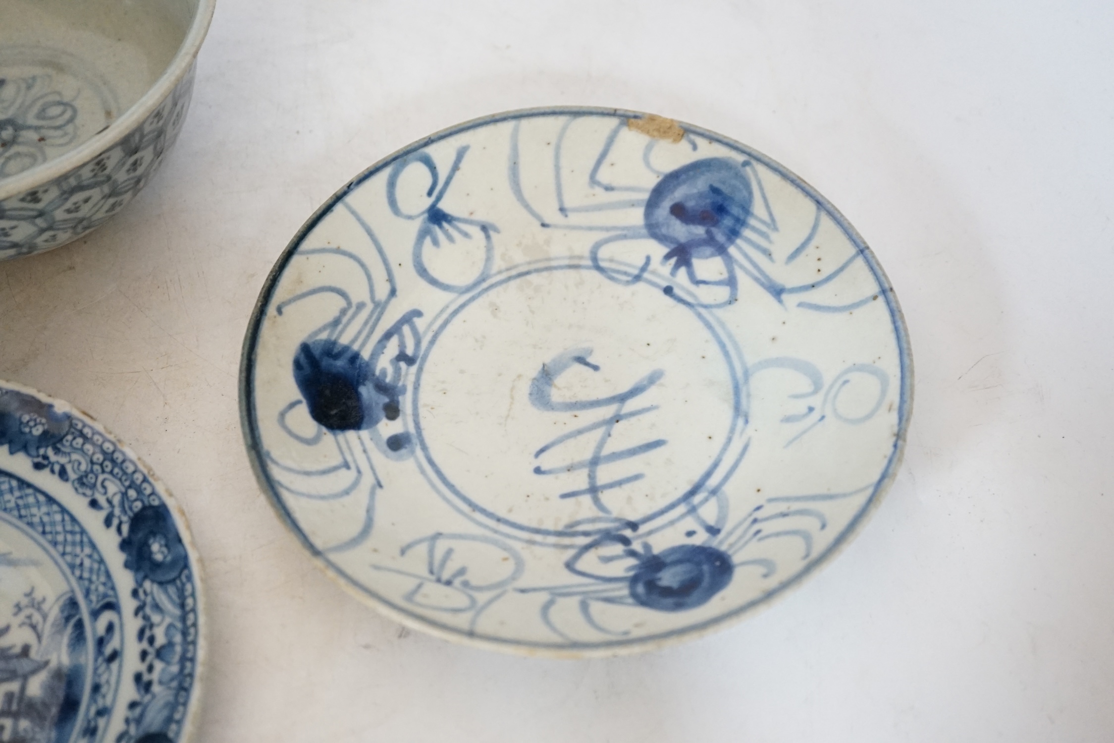 A Chinese Ming blue and white bowl and two Qing dynasty dishes, largest 17cm diameter - Image 3 of 6