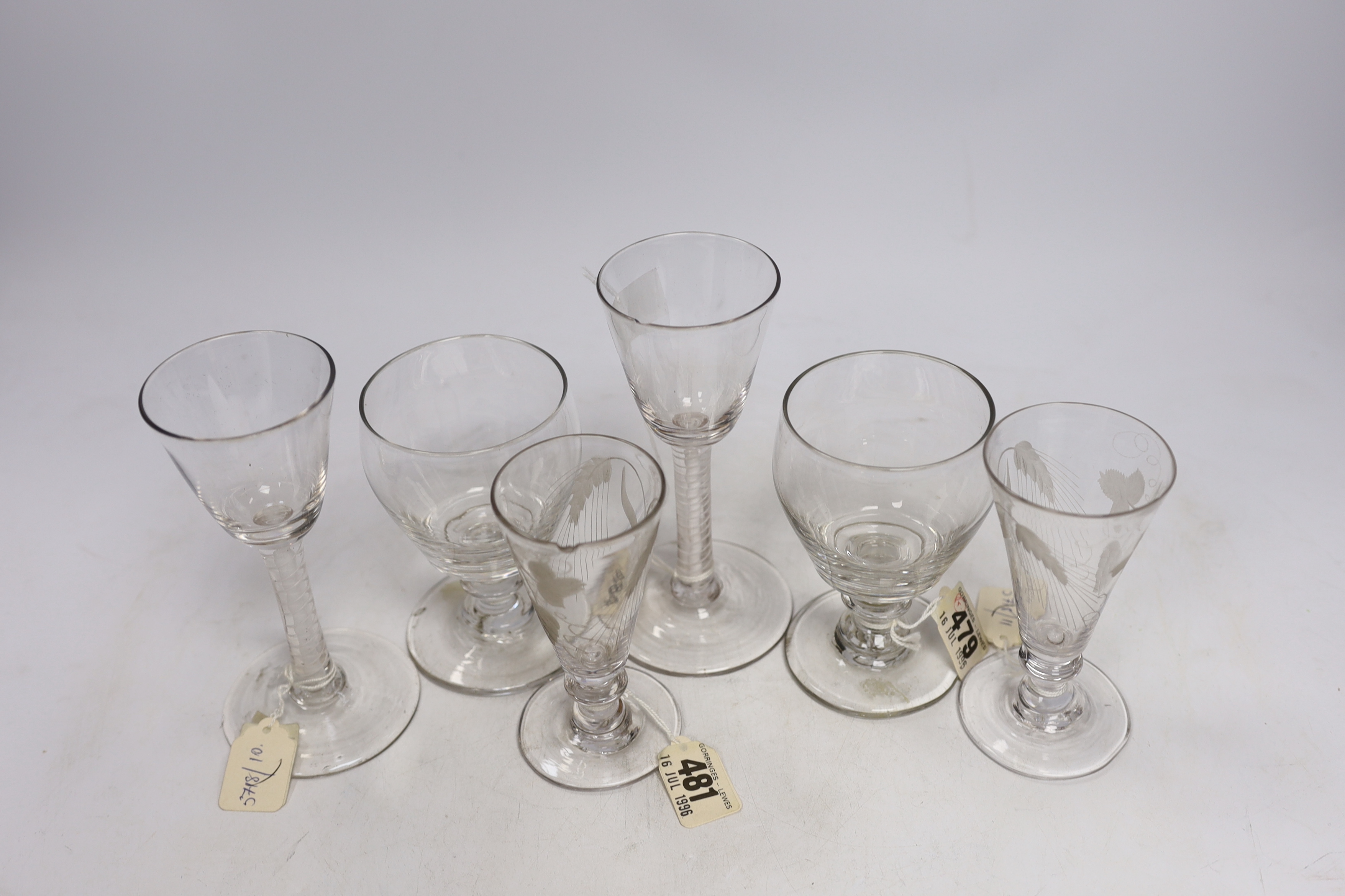 Two late 18th century DSOT Wine glasses, two dwarf ale glasses with engraved hops and barley, and - Image 4 of 4