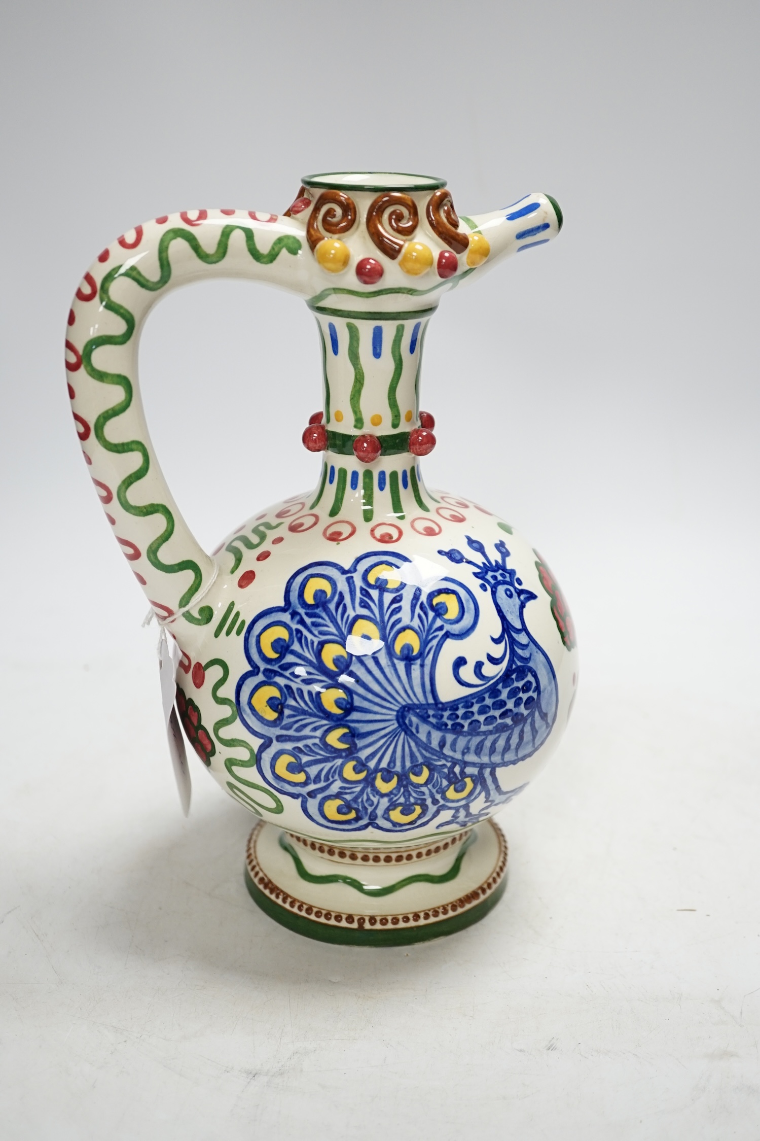 A Zsolnay jug or ewer decorated with peacocks and flowers, stamped ‘Zsolnay 830 and 07’ to the base, - Image 3 of 4