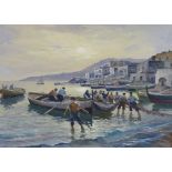 Tortini, impressionist oil on canvas, Harbour scene with figures and fishing boats, signed, 50 x
