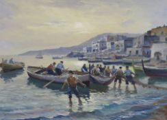 Tortini, impressionist oil on canvas, Harbour scene with figures and fishing boats, signed, 50 x