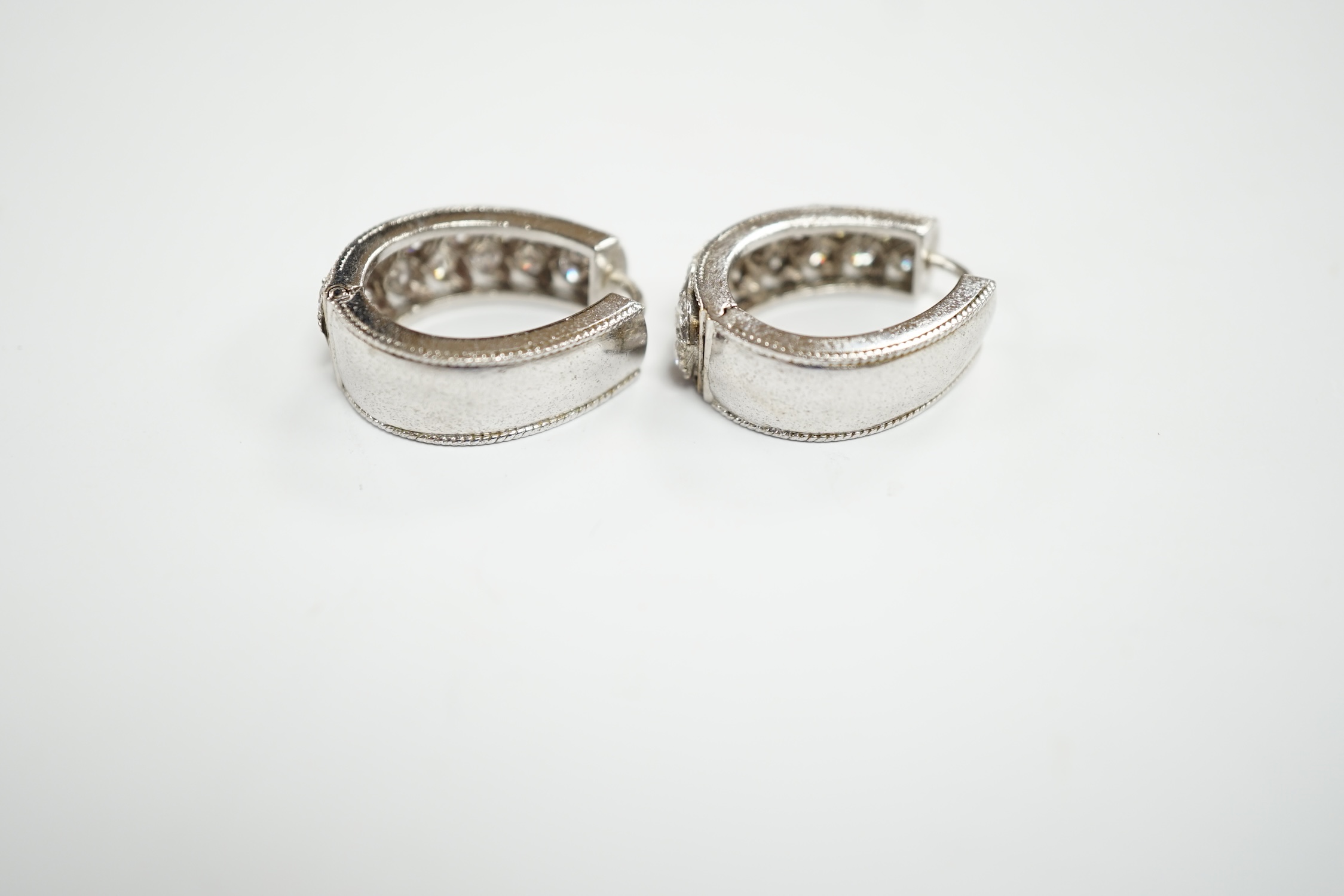 A modern pair of white metal and diamond cluster set half hoop earrings, 20mm, gross weight 8.9 - Image 5 of 6