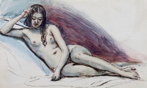 William Edward Frost (1810-1877), ink and watercolour, Study of a reclining nude female, unsigned,