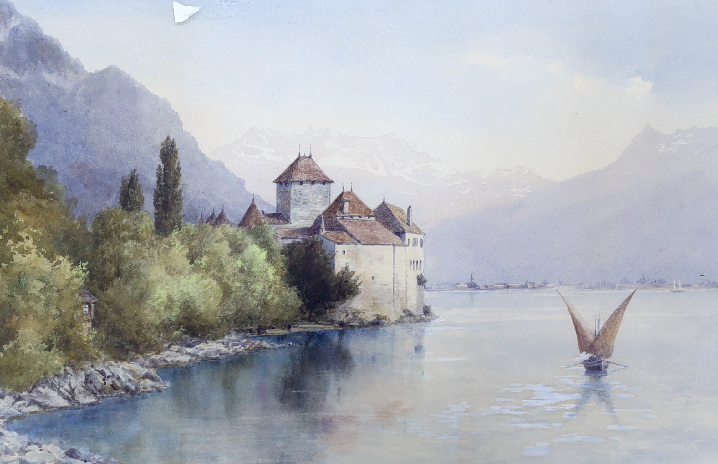 Fred C. Dixon (b. 1902-1992), watercolour, 'Chateau Chillon', signed, together with another mid 19th - Image 4 of 4