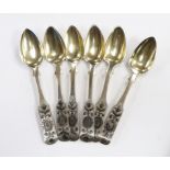 A set of six mid 19th century Russian 84 zolotnik and niello fiddle pattern teaspoons, assay