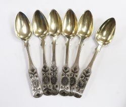 A set of six mid 19th century Russian 84 zolotnik and niello fiddle pattern teaspoons, assay