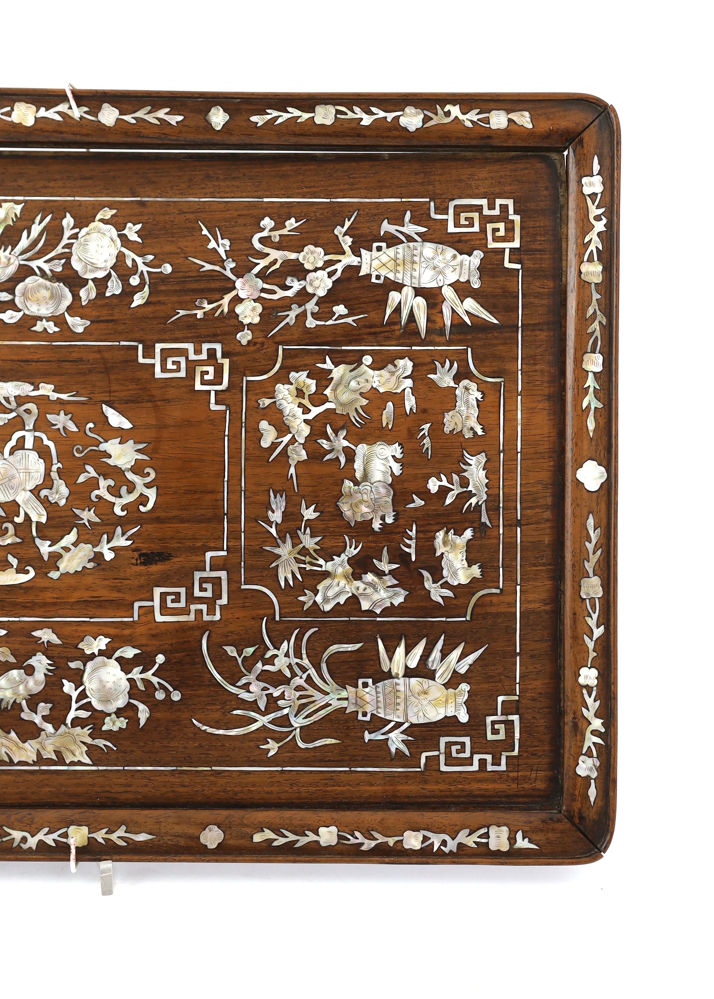 A Chinese hongmu and mother of pearl inlaid tray, late 19th century, decorated with lion cubs, - Image 4 of 6