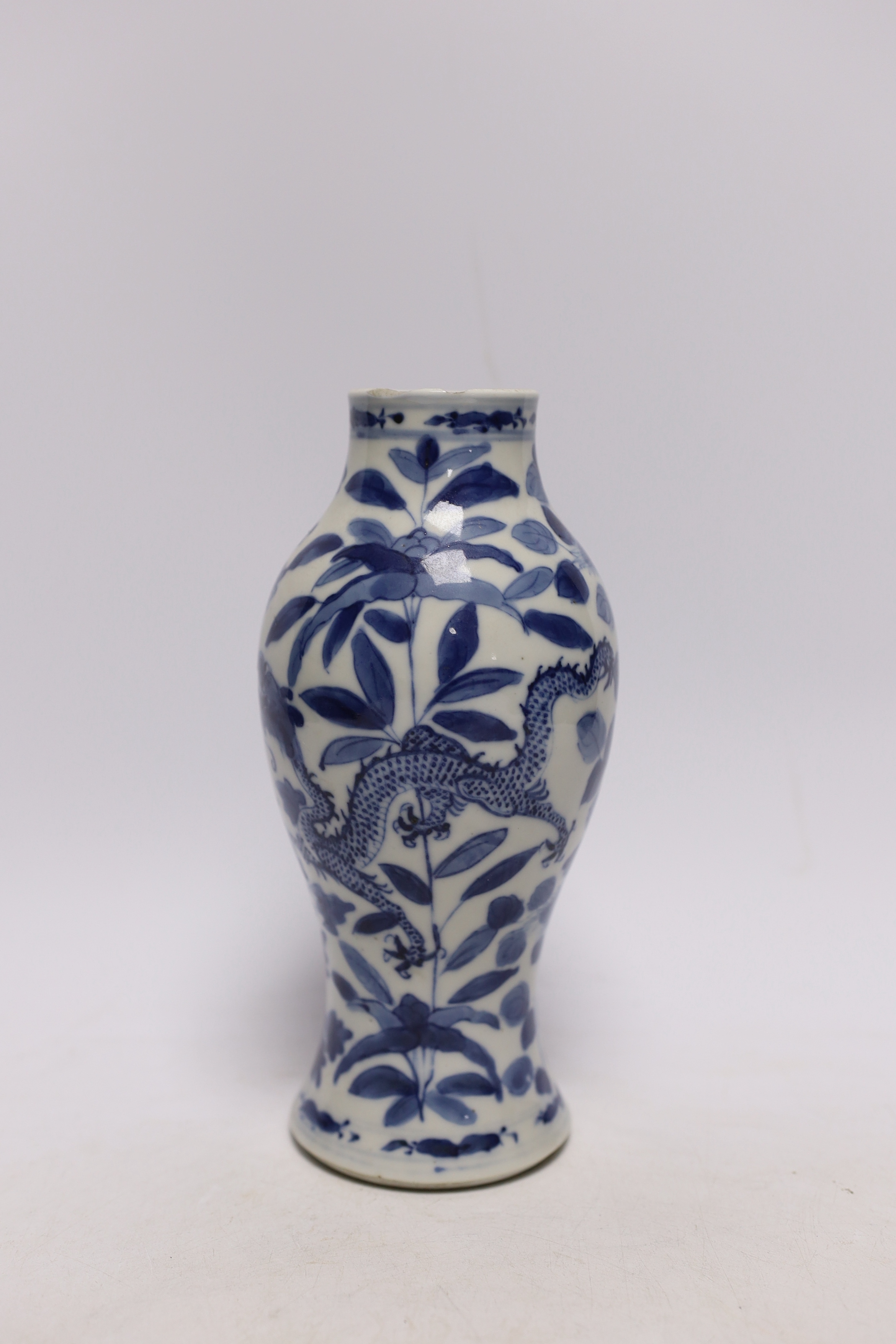 A Chinese blue and white dragon vase, Kangxi mark, late 19th century, 20.5cm high - Image 2 of 4