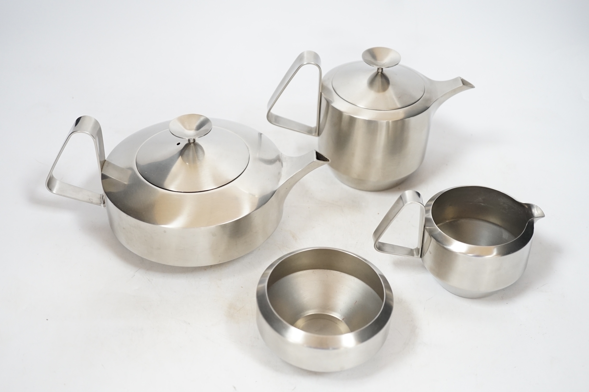 An Old Hall stainless steel four piece tea set, comprising of teapot, 11cm high, water pot, milk jug - Image 2 of 3