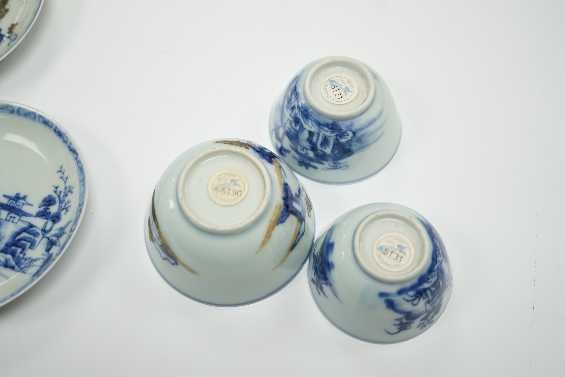 Three Chinese blue and white Nanking Cargo teabowls and saucers, largest 11.5cm diameter - Image 3 of 5