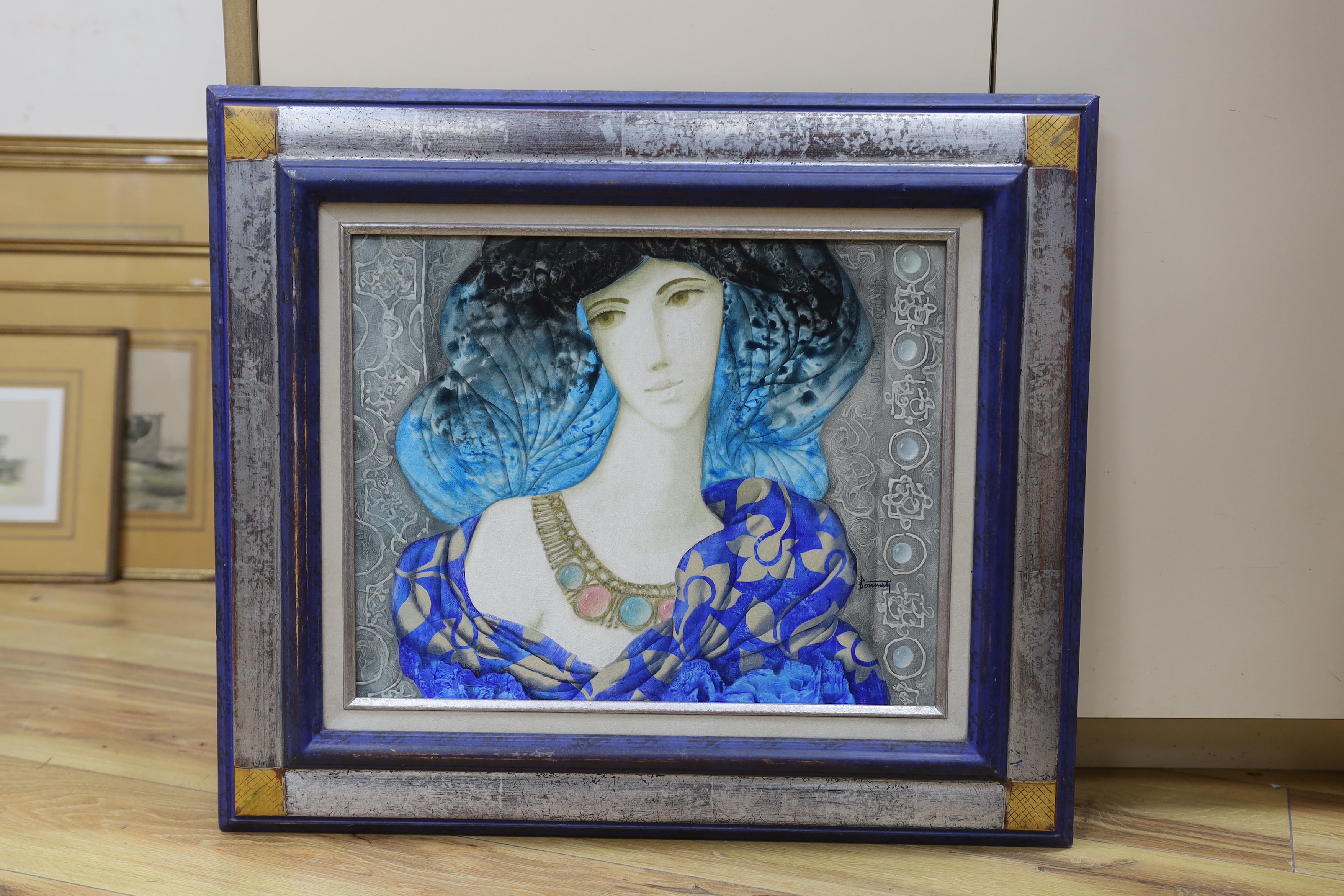 Gabriel Bonmati (Moroccan, 1928-2005), oil on canvas, 'Blue woman', signed, various inscriptions - Image 2 of 4