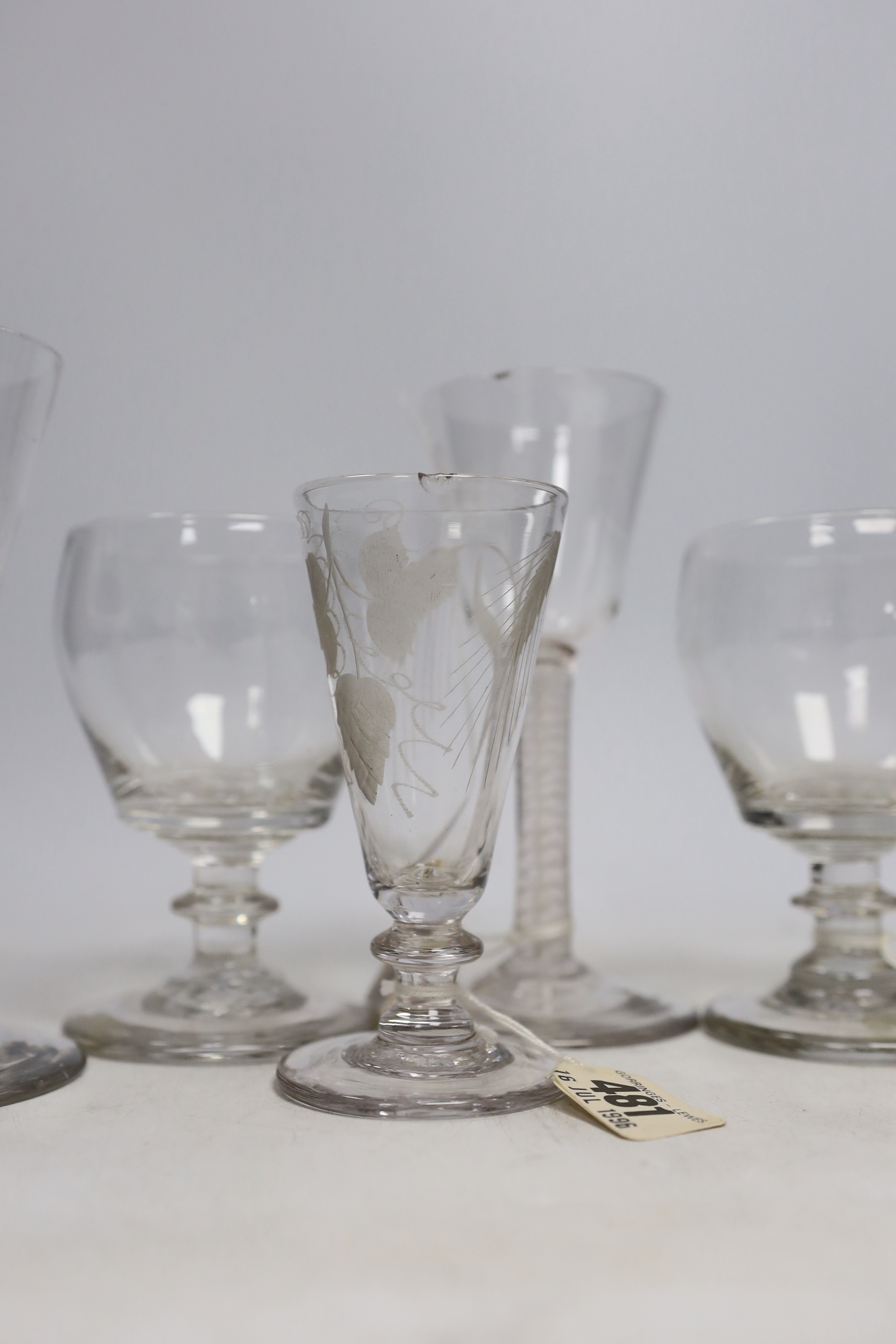 Two late 18th century DSOT Wine glasses, two dwarf ale glasses with engraved hops and barley, and - Image 2 of 4