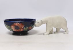 A Moorcroft anemone bowl and a Copenhagen polar bear, Moorcroft bowl 16cm diameter