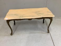 A gilt metal and onyx coffee table, width 91cm, depth 45cm, height 46cm