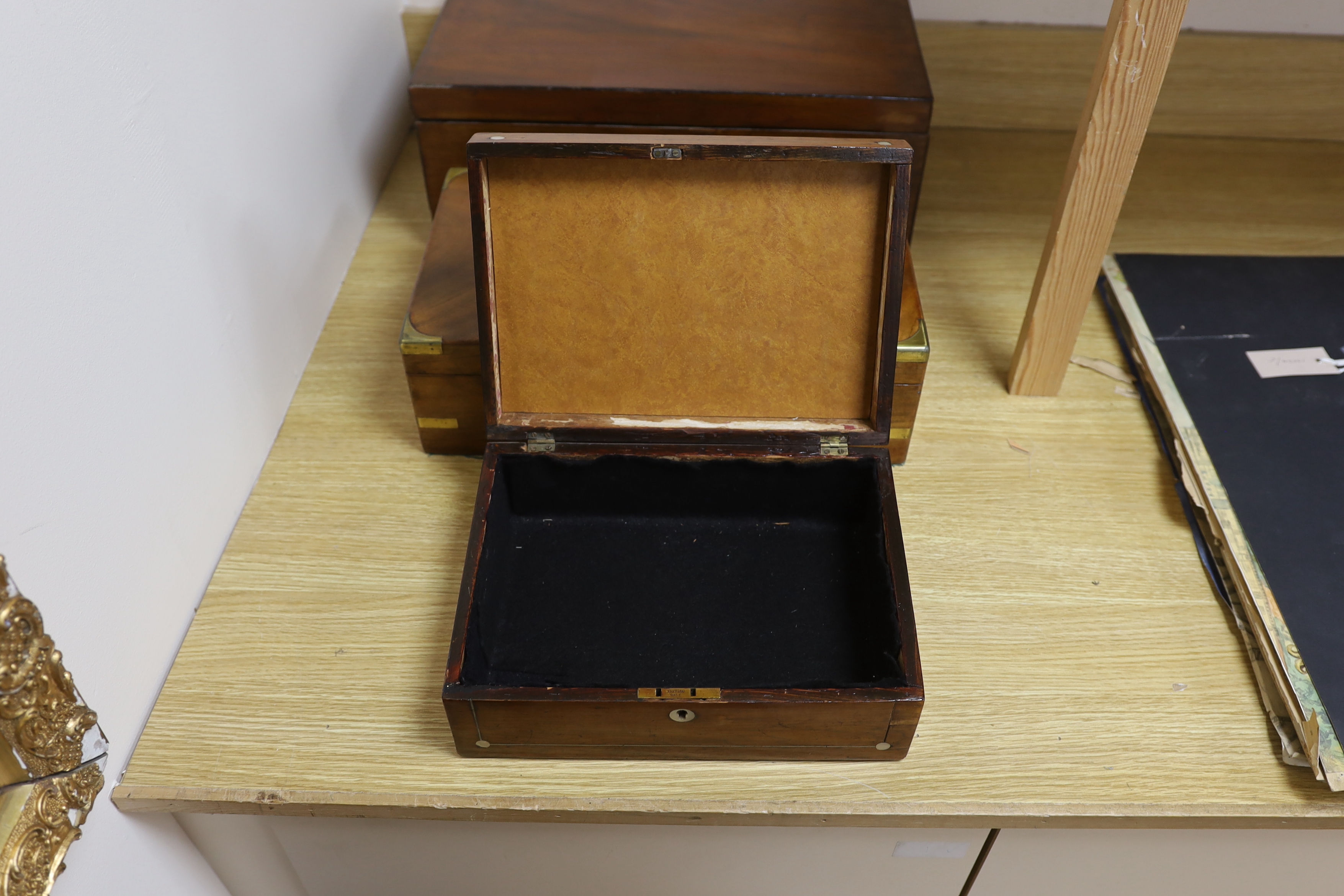 Two Victorian writing slopes and a mother of pearl inlaid box, largest 47cm wide, 26.5cm deep, - Image 2 of 4