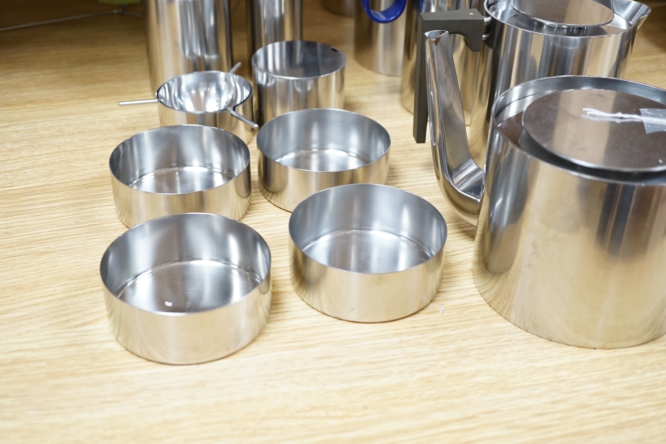 A thirteen piece suite of Arne Jacobsen stainless steel cylinder ware, coffee pot 24cm high - Image 2 of 6