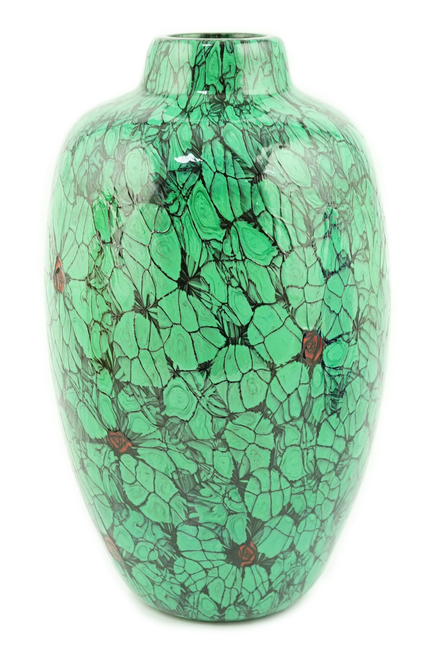 ** ** Vittorio Ferro (1932-2012) A Murano glass Murrine vase, with green leaves and red flower buds,