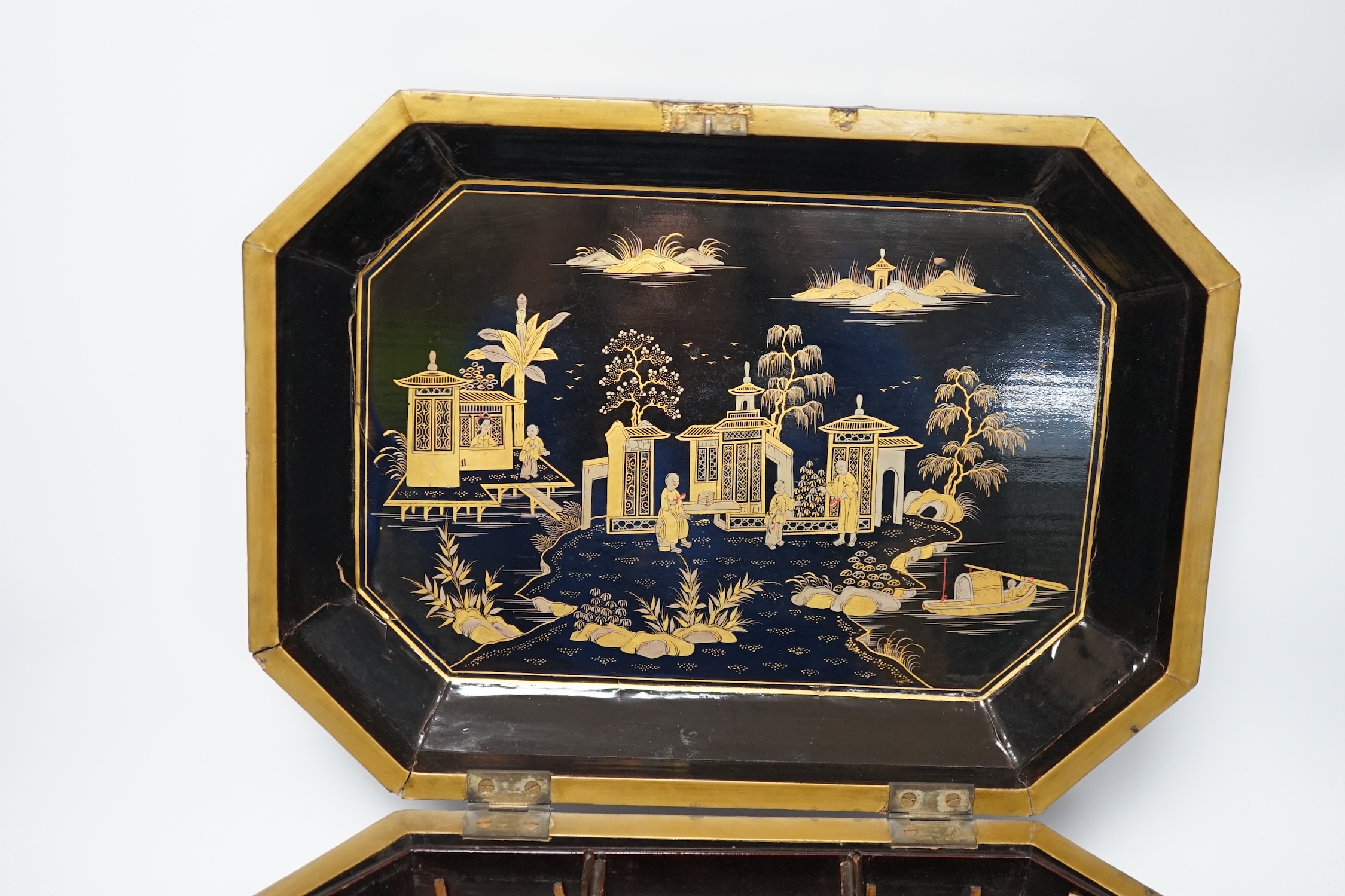 A mid 19th century Chinese export gilt decorated black lacquer work box and a George III mahogany - Image 6 of 7