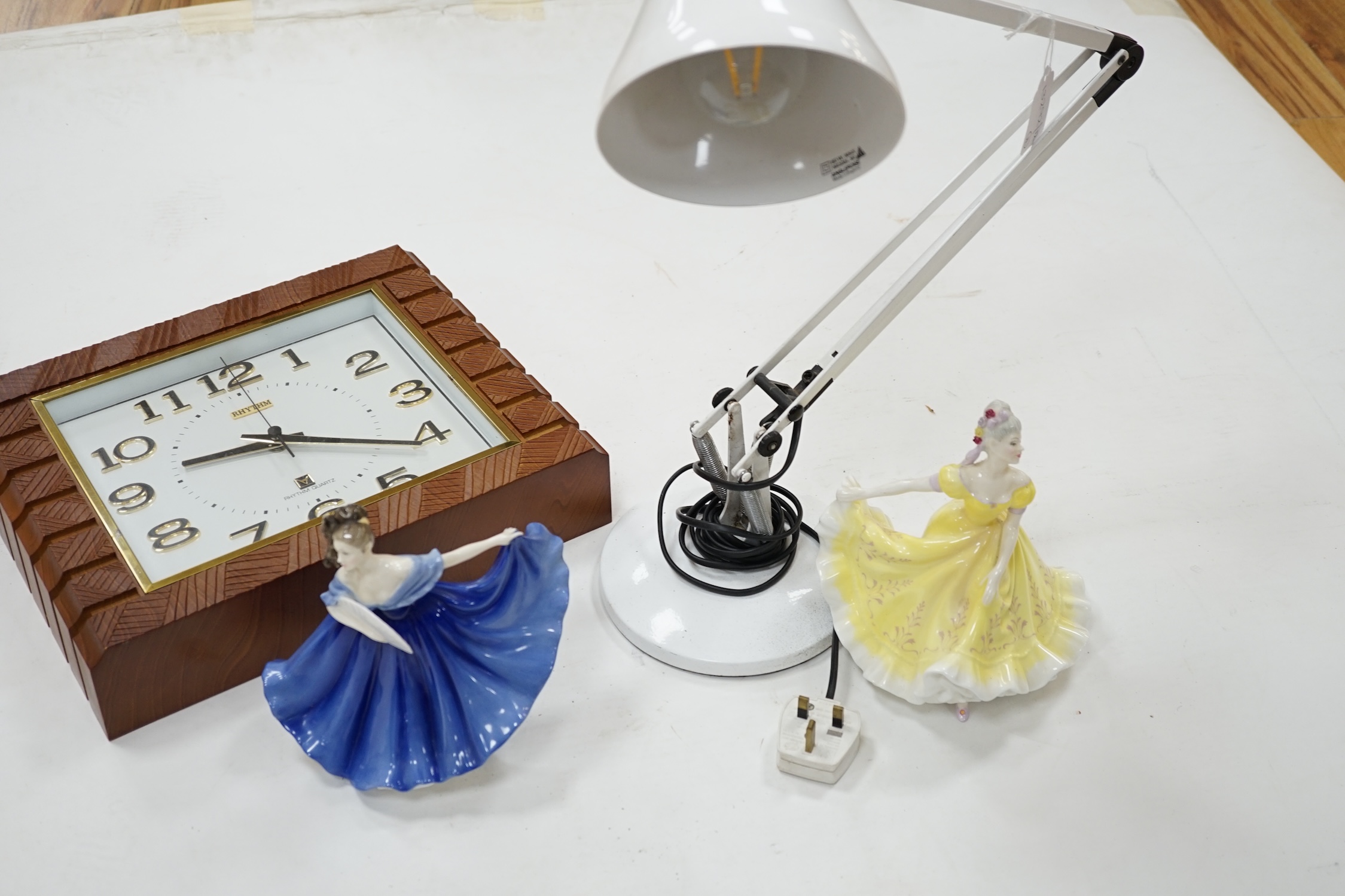 An Art Deco style wall timepiece, an anglepoise lamp and two Doulton figurines - Image 3 of 3