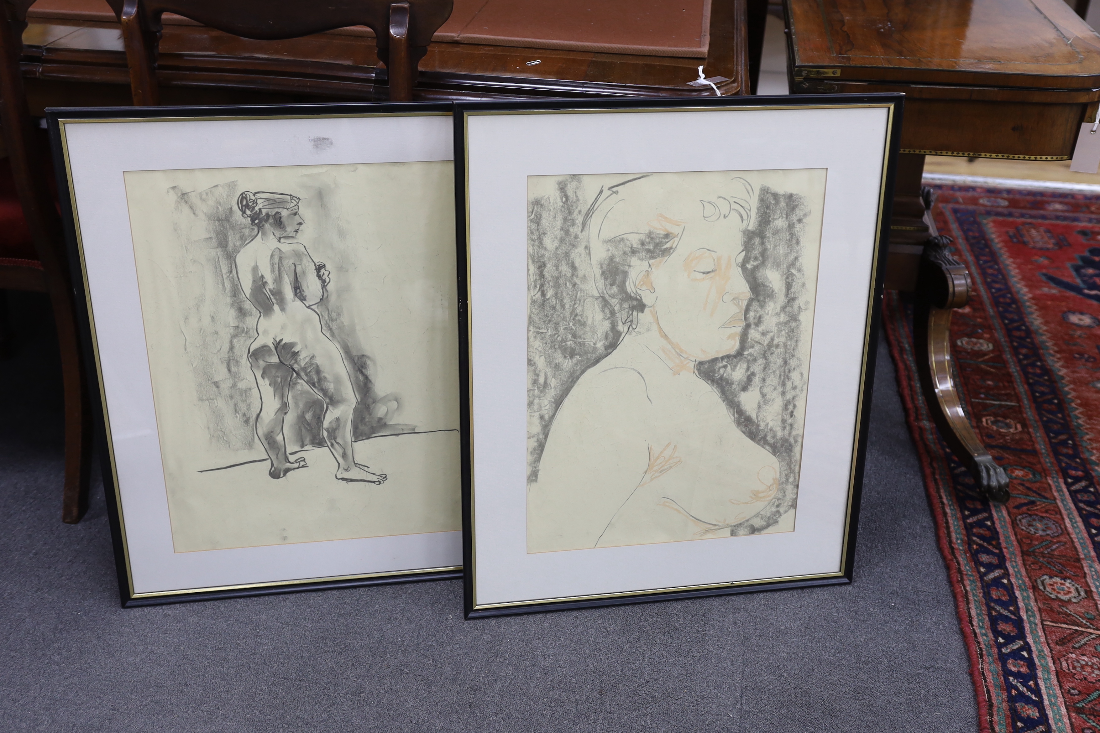 Hugo “Puck” Dachinger (1908-1995), six charcoal sketches, Nude studies, unsigned, four mounted, - Image 6 of 6