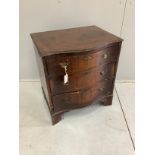 A small Queen Anne revival walnut serpentine three drawer chest, width 63cm, depth 48cm, height